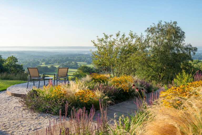 A spectacular view over the Weald of Kent as the morning sun starts to warm the golden grasses and Rudbeckias on an Autumn morning.